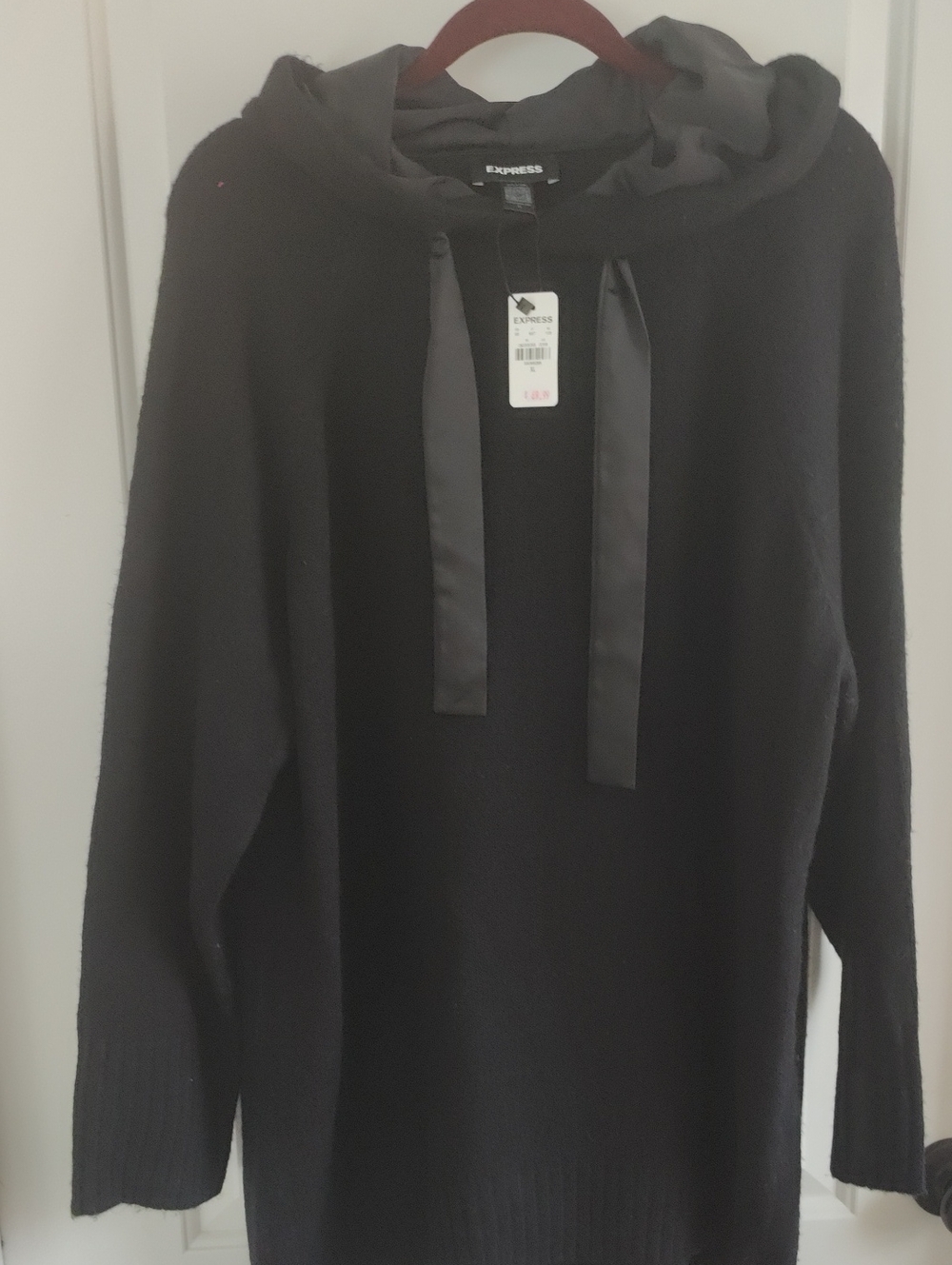 Express Women Black Crewneck Hooded Tunic with Satin Drawstrings